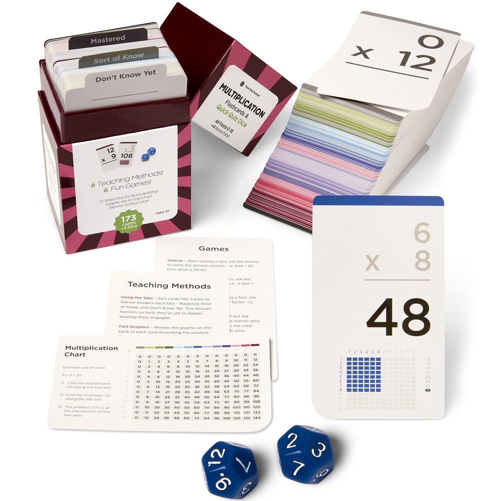 Award-Winning Multiplication Flash Cards  173 Jumbo Cards (3.1 x 5.2), All Facts 012  1 Fact & Visual Aid Per Card  Includes 2 Bonus Math Dice, Games, Charts & Mastery Divider Tabs  Grades 26