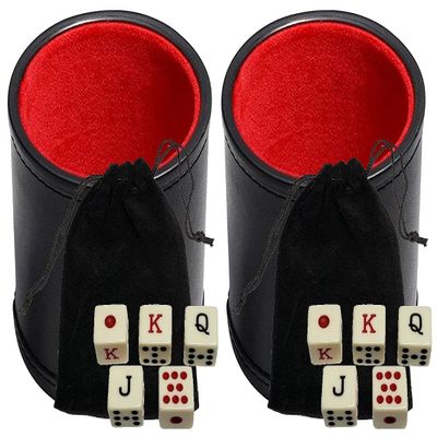 Cyber-Deals Black PU Leather Red Felt Lined Dice Cup with Spanish Poker Dice in Storage Pouch Set (2 Sets)