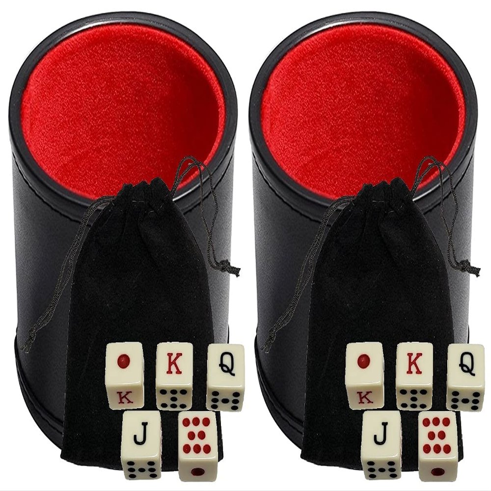 Cyber-Deals Black PU Leather Red Felt Lined Dice Cup with Spanish Poker Dice in Storage Pouch Set (2 Sets)