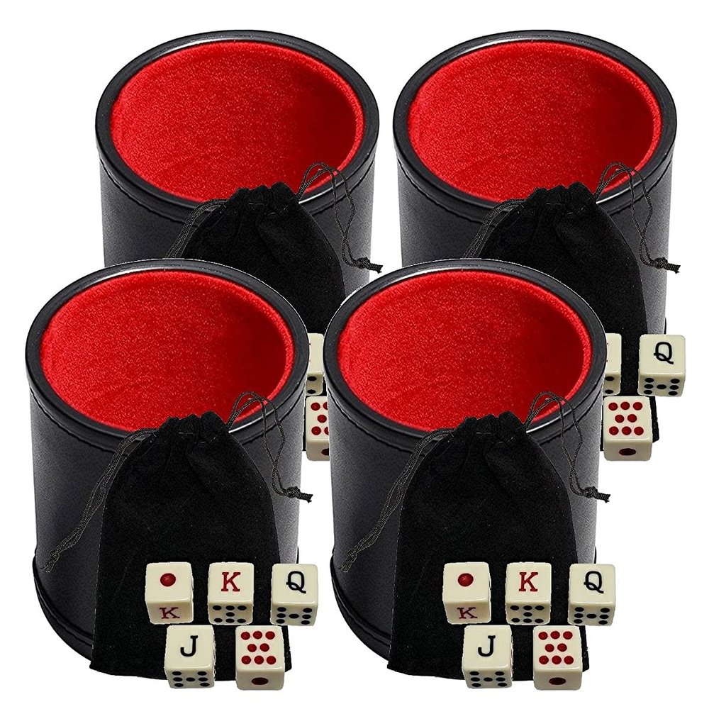 Cyber-Deals Black PU Leather Red Felt Lined Dice Cup with Spanish Poker Dice in Storage Pouch Set (4 Sets)