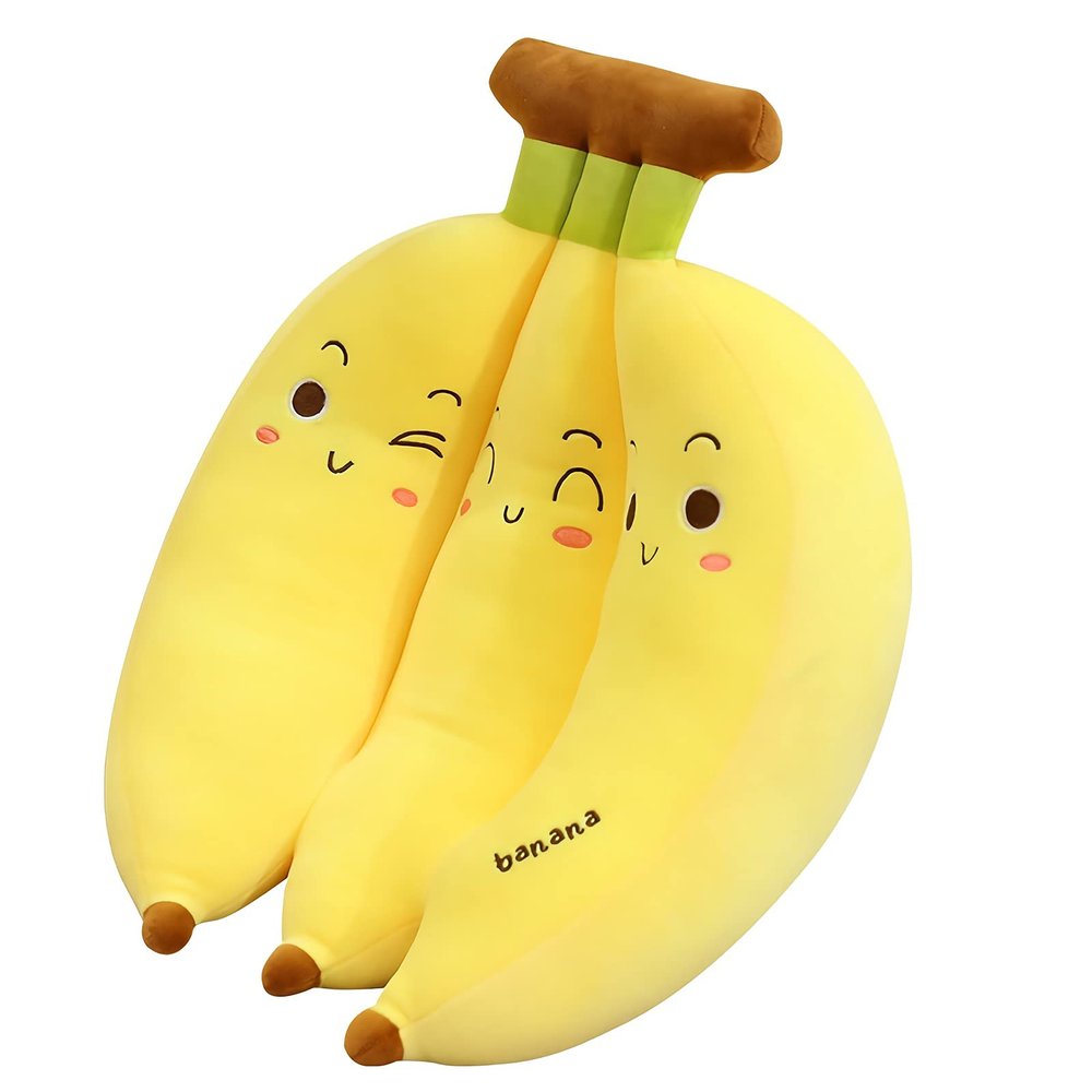 VICKYPOP Banana Plush Toy Cute Cartoon Stuffed Furit Pillow for Home Decor or Kids (Three Conjoined Bananas, 21.6 inches)
