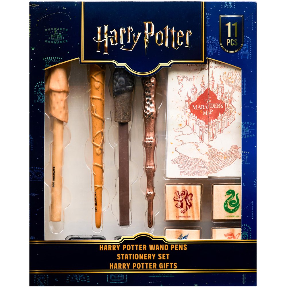 Harry Potter Stationary Set for Boys Girls with 4 Wand Pens Black Ink Marauders Map Hogwarts House Stamp Kit Cute School Supplies Gifts for Kids
