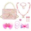 ELEMIRSA Girl Handbag Purse for Little Girls Kids Pretend Play Dress Up Necklace Hair Accessories Jewelry Set, Light Pink view 1