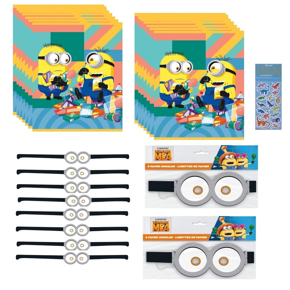 Unique Despicable Me Birthday Party Supplies Favor Bundle Pack includes 16 Loot Bags, 16 Paper Goggles, 1 Dinosaur Sticker Sheet
