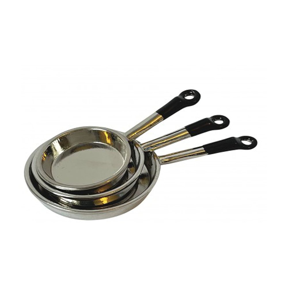 Melody Jane Dolls Houses Dollhouse Set of 3 Chrome Frying Pans Miniature Kitchen Cooking Accessory 1:12