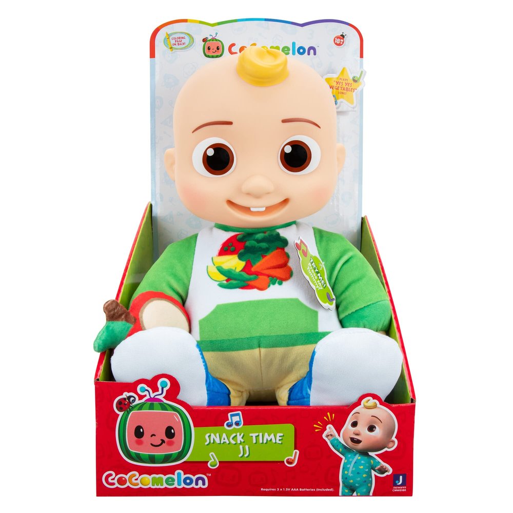 CoComelon Snack Time Features JJ Doll with Red Apple Plush - Plays Sounds, Phrases, and Clips of Yes Yes Vegetables Song - Toys for Kids, Toddlers and Preschoolers