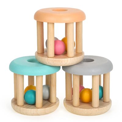 DUCKBOXX XX Montessori Infant Educational Toys, Natural Wood Rolling Rattle Toy, Early Learning Toy for Developing Fine Motor Skills and Color Recognition, for Ages 0m2yrs (Burlywood Base - 3pcs)