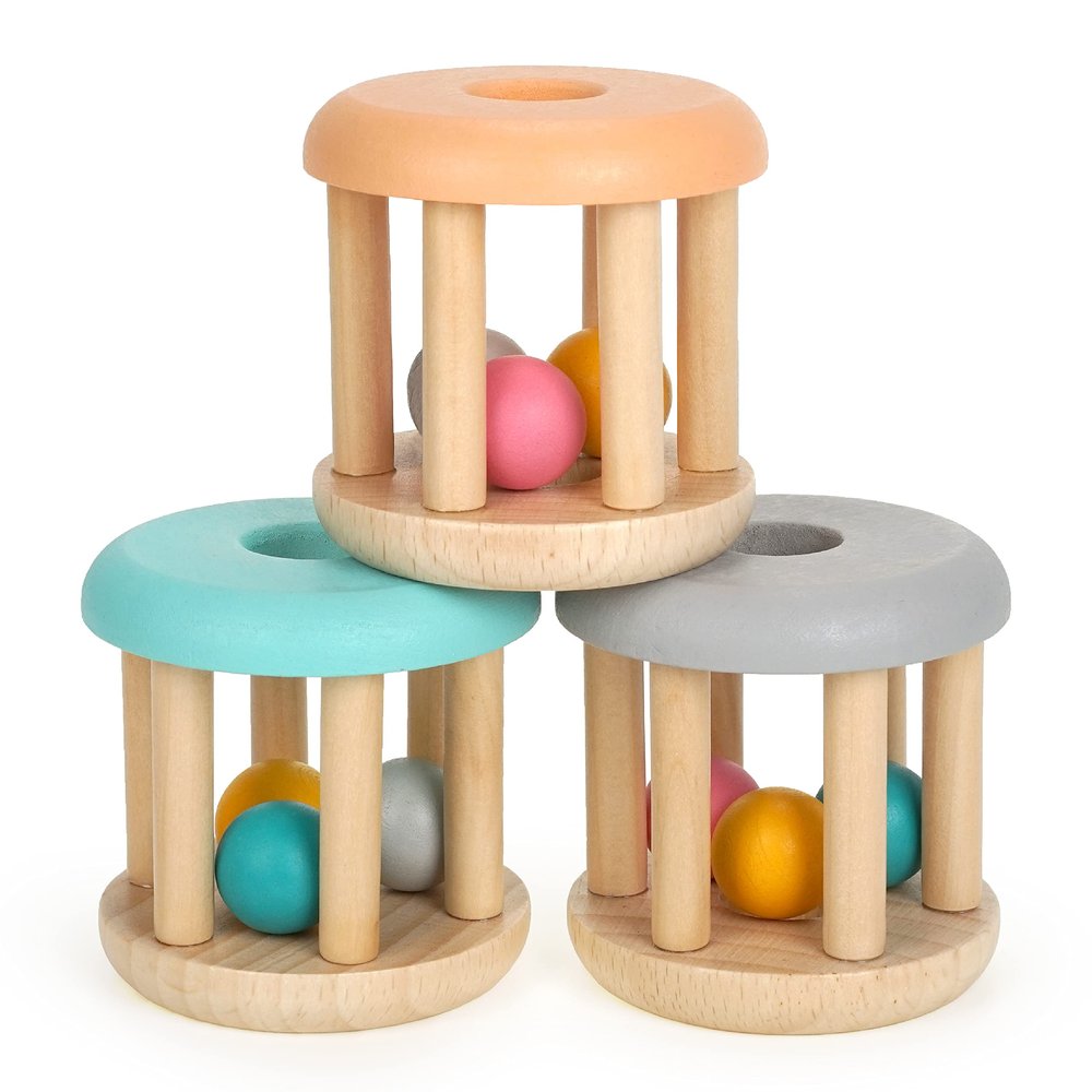 DUCKBOXX XX Montessori Infant Educational Toys, Natural Wood Rolling Rattle Toy, Early Learning Toy for Developing Fine Motor Skills and Color Recognition, for Ages 0m2yrs (Burlywood Base - 3pcs)
