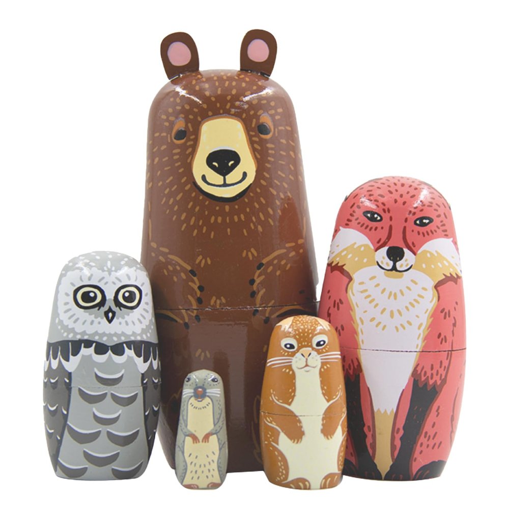 Lorveelo Cute Animal Nesting Dolls - Brown Bear Fox Owl Rabbit Raccoon Matryoshka Doll Handmade Wooden Dolls for Children Christmas Birthday Decoration Halloween Wishing Gift,Set of 5