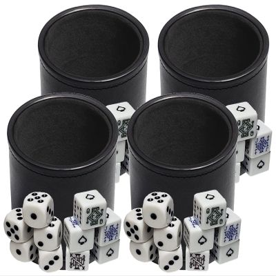 Cyber-Deals Black PU Leather Black Felt Lined Dice Cup with White Poker & Pip Dice in Storage Pouch Set (4 Sets)