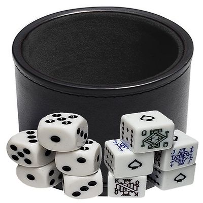 Cyber-Deals Black PU Leather Black Felt Lined Dice Cup with White Poker & Pip Dice in Storage Pouch Set (1 Set)