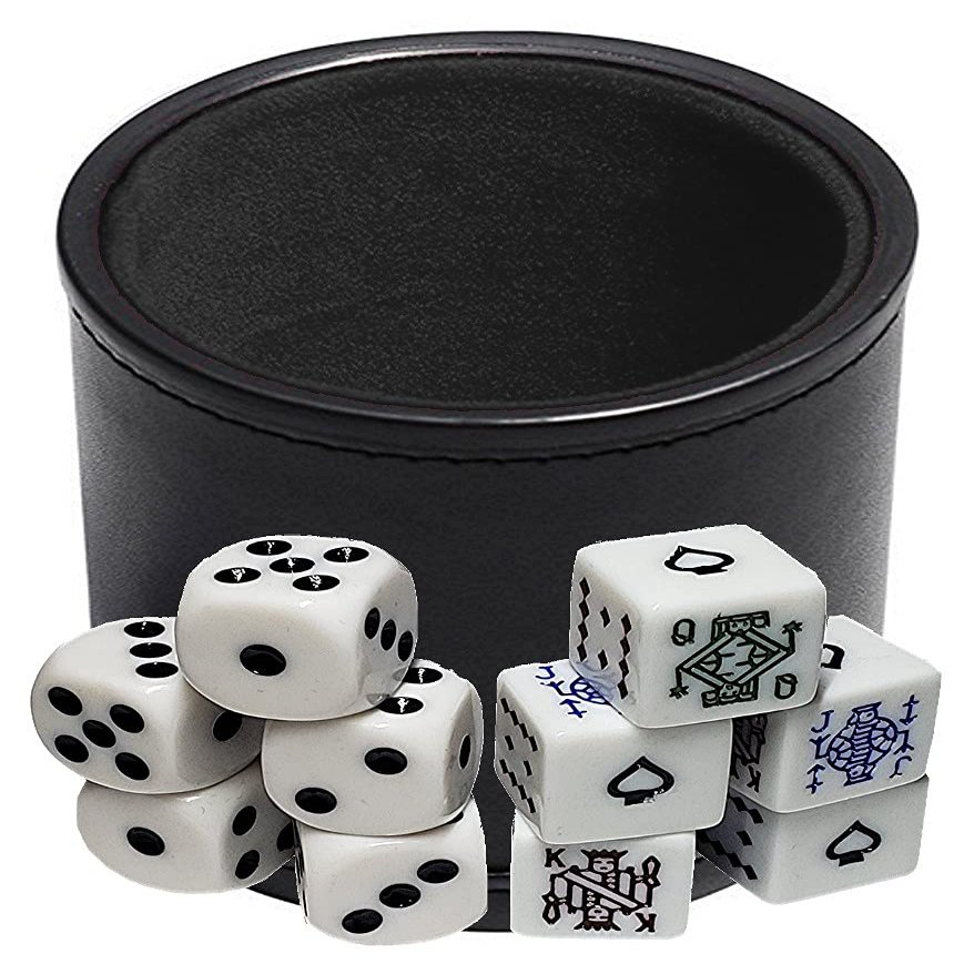 Cyber-Deals Black PU Leather Black Felt Lined Dice Cup with White Poker & Pip Dice in Storage Pouch Set (1 Set)