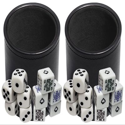 Cyber-Deals Black PU Leather Black Felt Lined Dice Cup with White Poker & Pip Dice in Storage Pouch Set (2 Sets)