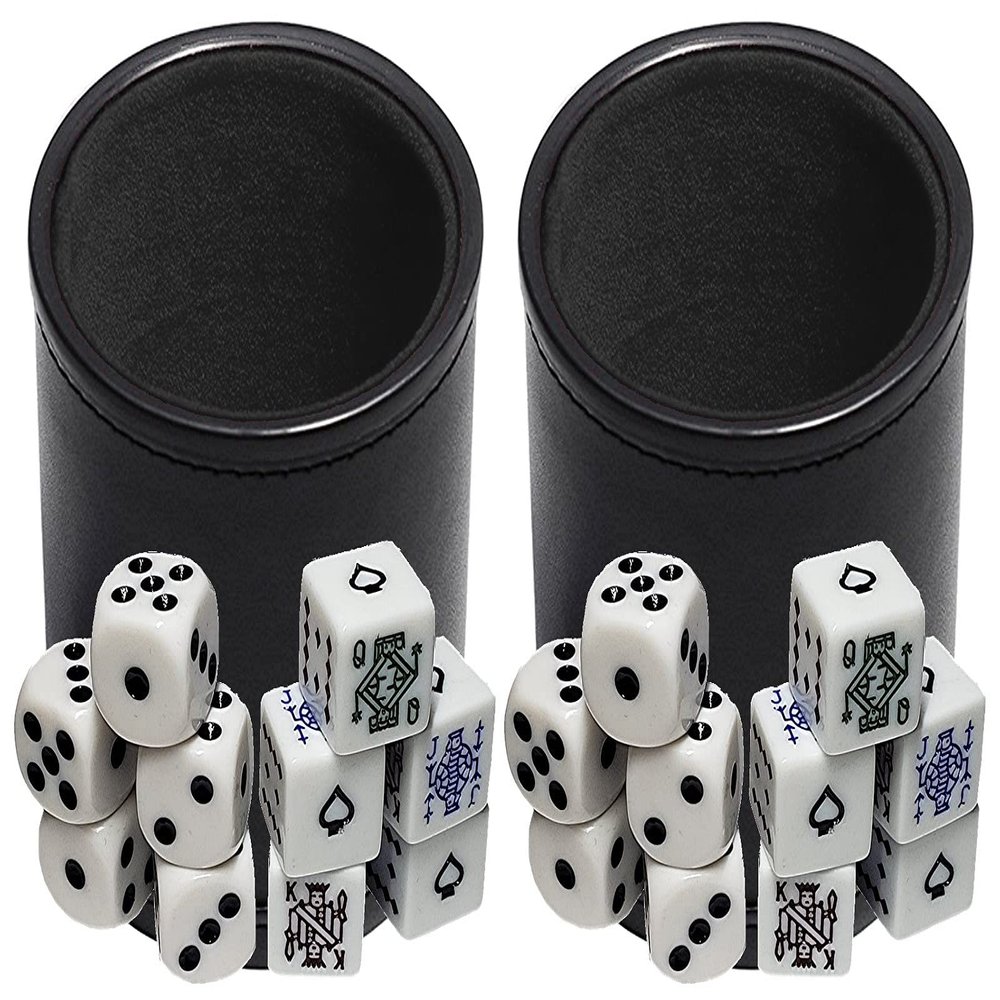 Cyber-Deals Black PU Leather Black Felt Lined Dice Cup with White Poker & Pip Dice in Storage Pouch Set (2 Sets)