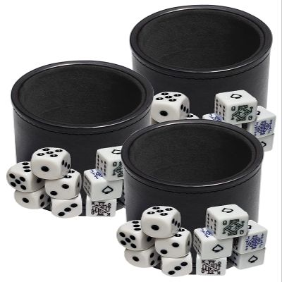 Cyber-Deals Black PU Leather Black Felt Lined Dice Cup with White Poker & Pip Dice in Storage Pouch Set (3 Sets)