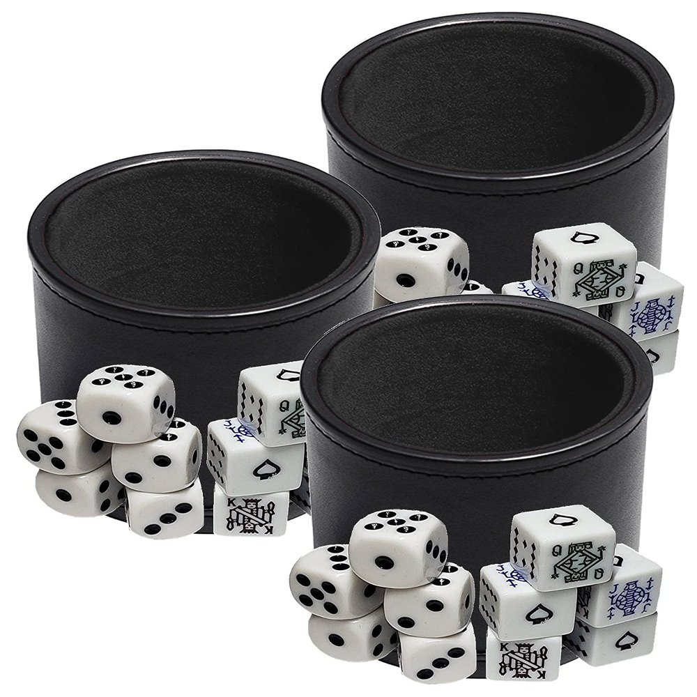 Cyber-Deals Black PU Leather Black Felt Lined Dice Cup with White Poker & Pip Dice in Storage Pouch Set (3 Sets)