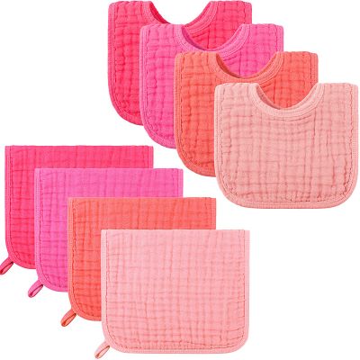 Tatuo 8 Pcs Baby Muslin Bibs & Burp Cloths 6 Absorbent Layer 100% Cotton Unisex Baby Bibs for Drooling and Teething(Simple Color)