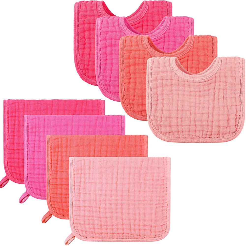 Tatuo 8 Pcs Baby Muslin Bibs & Burp Cloths 6 Absorbent Layer 100% Cotton Unisex Baby Bibs for Drooling and Teething(Simple Color)