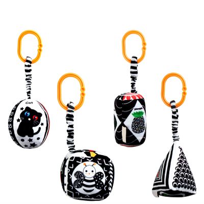 KAKIBLIN Baby Hanging Rattle Toys, 4 Pack Black and White Car Seat Baby Toys Soft Squeaky Stroller Toy for Babies Montessori Sensory Toy 0-12 Months for Newborn Infant, White and Black