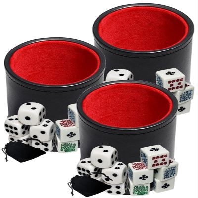 Cyber-Deals Black PU Leather Red Felt Lined Dice Cup with White Poker & Pip Dice in Storage Pouch Set (3 Sets)