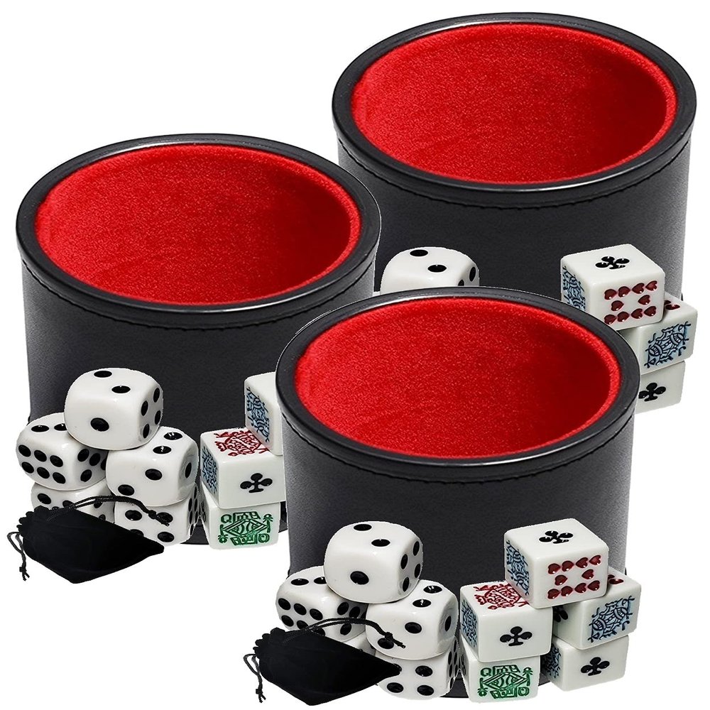 Cyber-Deals Black PU Leather Red Felt Lined Dice Cup with White Poker & Pip Dice in Storage Pouch Set (3 Sets)