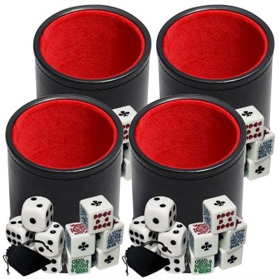 Cyber-Deals Black PU Leather Red Felt Lined Dice Cup with White Poker & Pip Dice in Storage Pouch Set (4 Sets)