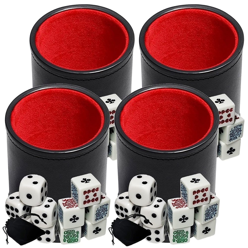 Cyber-Deals Black PU Leather Red Felt Lined Dice Cup with White Poker & Pip Dice in Storage Pouch Set (4 Sets)