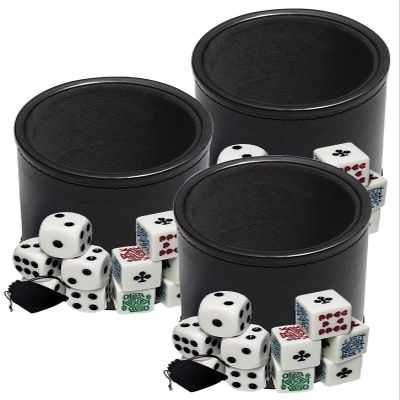 Cyber-Deals Black PU Leather Black Felt Lined Dice Cup with White Poker (Clubs Ace) & Pip Dice in Storage Pouch Set (3 Sets)
