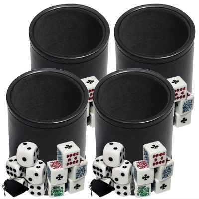 Cyber-Deals Black PU Leather Black Felt Lined Dice Cup with White Poker (Clubs Ace) & Pip Dice in Storage Pouch Set (4 Sets)