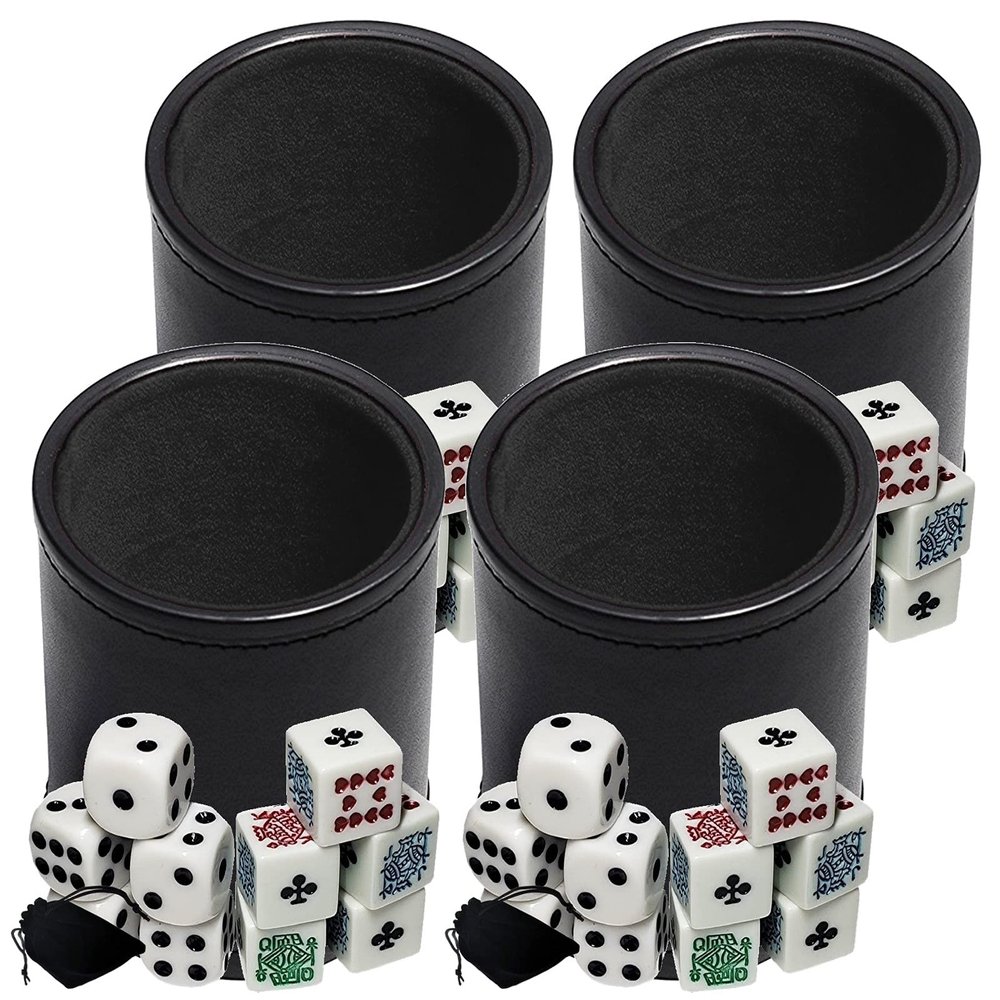 Cyber-Deals Black PU Leather Black Felt Lined Dice Cup with White Poker (Clubs Ace) & Pip Dice in Storage Pouch Set (4 Sets)