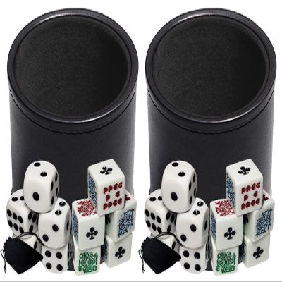 Cyber-Deals Black PU Leather Black Felt Lined Dice Cup with White Poker (Clubs Ace) & Pip Dice in Storage Pouch Set (2 Sets)