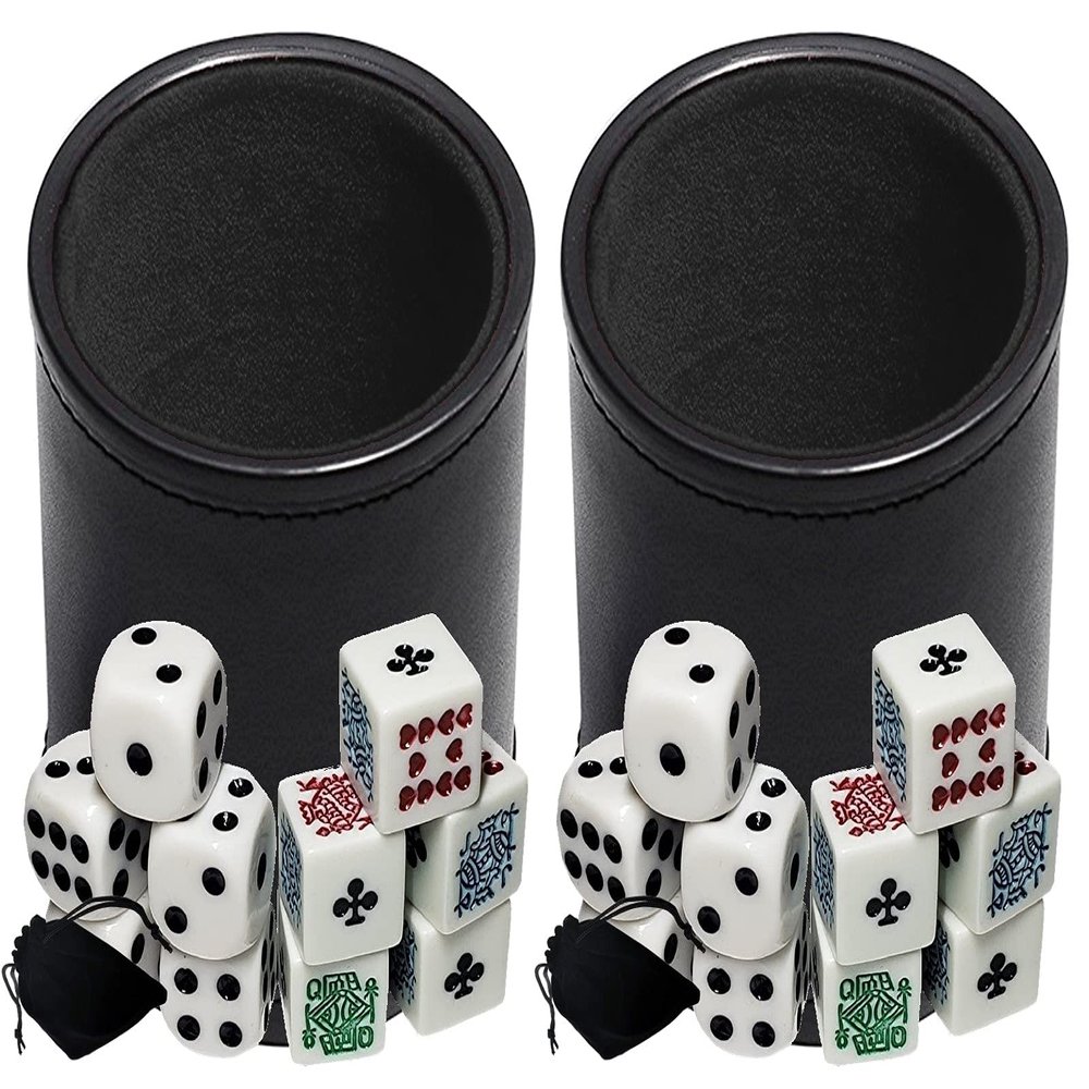 Cyber-Deals Black PU Leather Black Felt Lined Dice Cup with White Poker (Clubs Ace) & Pip Dice in Storage Pouch Set (2 Sets)