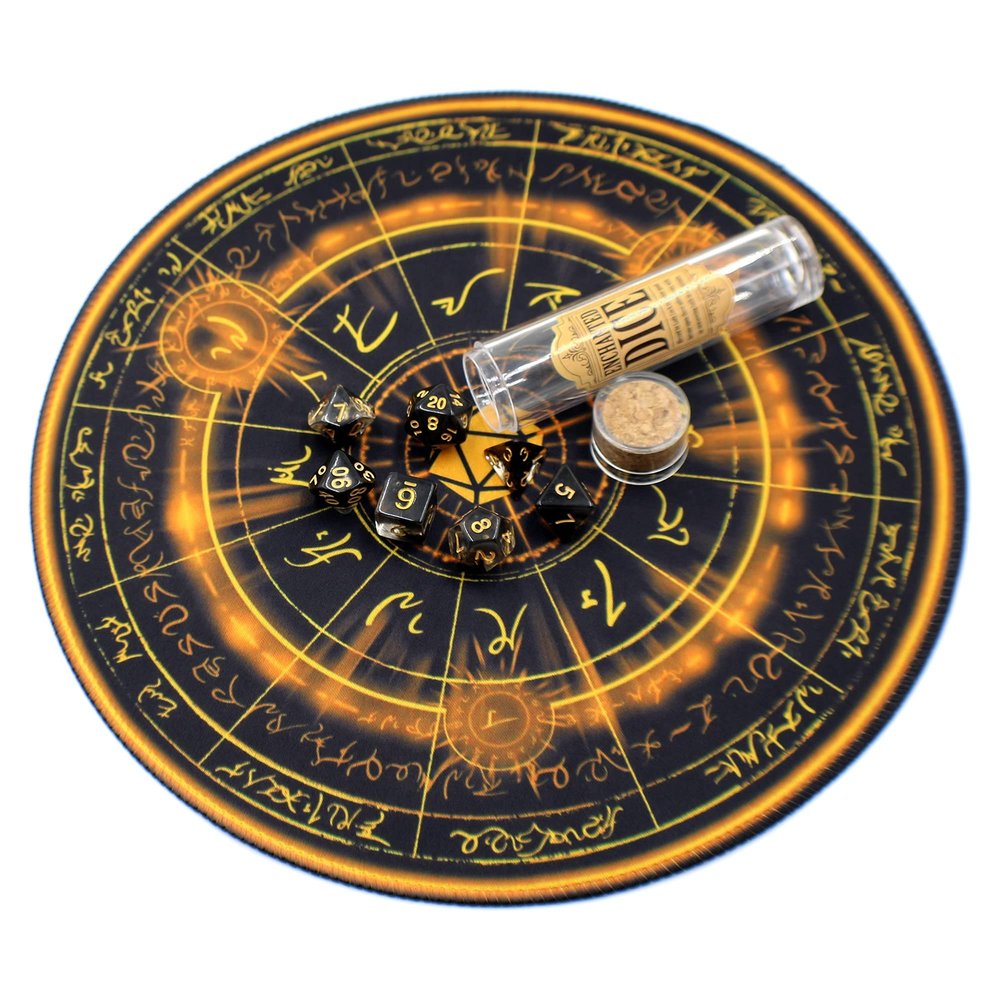 Arcane Circle Dice Mat and Polyhedral Die Set for D&D (Gold)