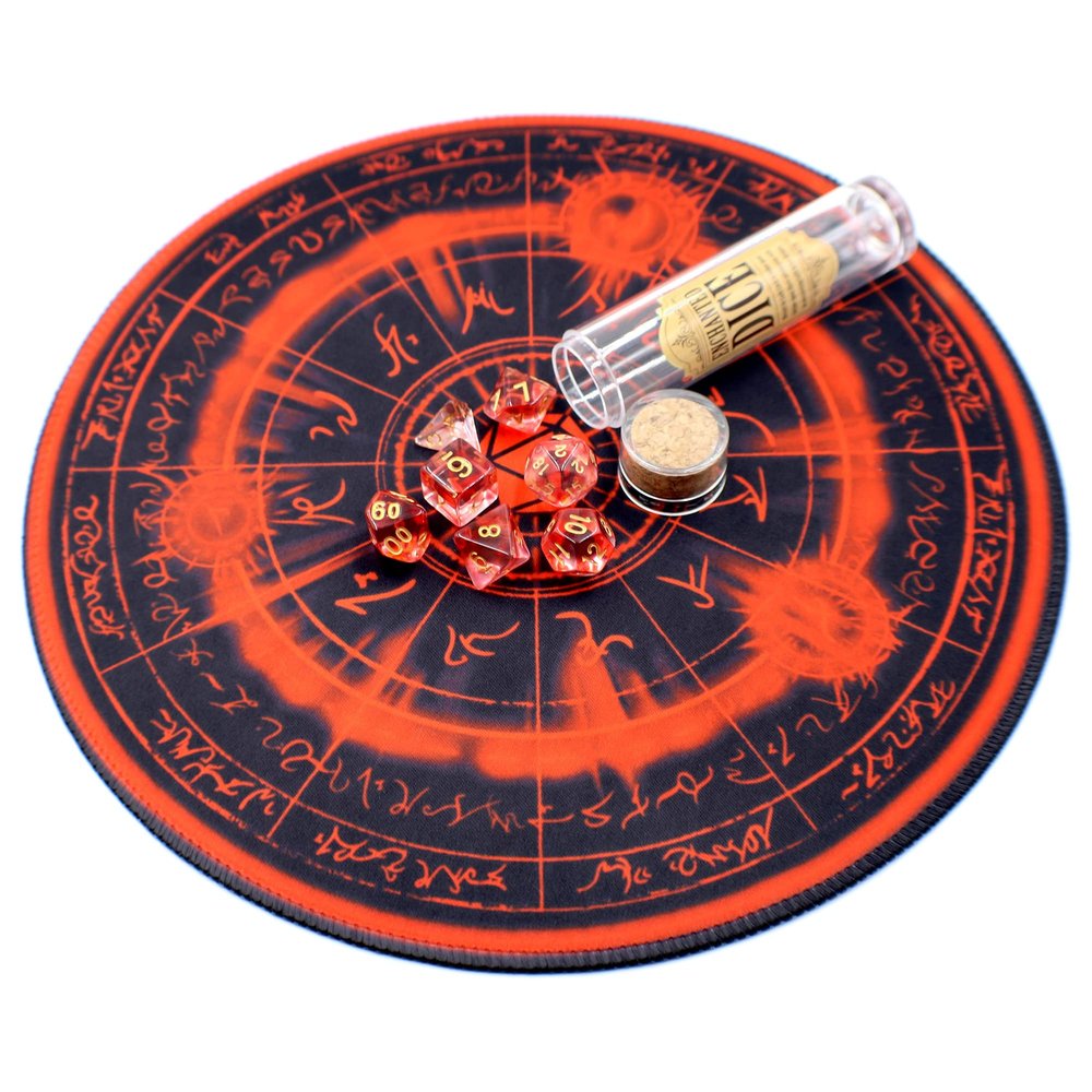 Arcane Circle Dice Mat and Polyhedral Die Set for D&D (Red)