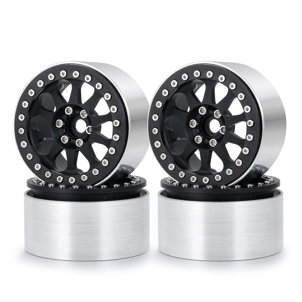 Que-T 4pcs 2.2" Beadlock Wheel Rims 35mm Wide Wheel Hubs for 1/10th Scale Axial Wraith AX90018 90048 RC Car Upgrade Parts (Matte Black)