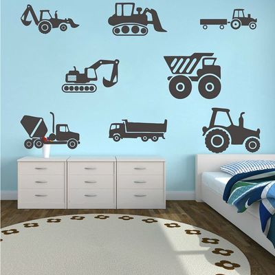 8 Transports Kids Wall Stickers Decals Excavator Bulldozer Mixer Truck Construction Truck Tractor Peel and Stick Removable for Nursery Bedroom Living Room Art murals Decorations JWH130 (Black)