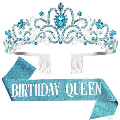 "Birthday Queen" Sash & Crystal Tiara Kit COCIDE Birthday Tiaras and Crowns for Women Sashes for Women Blue Decorations Set Rhinestone Headband Hair Accessories Glitter Sash for Party