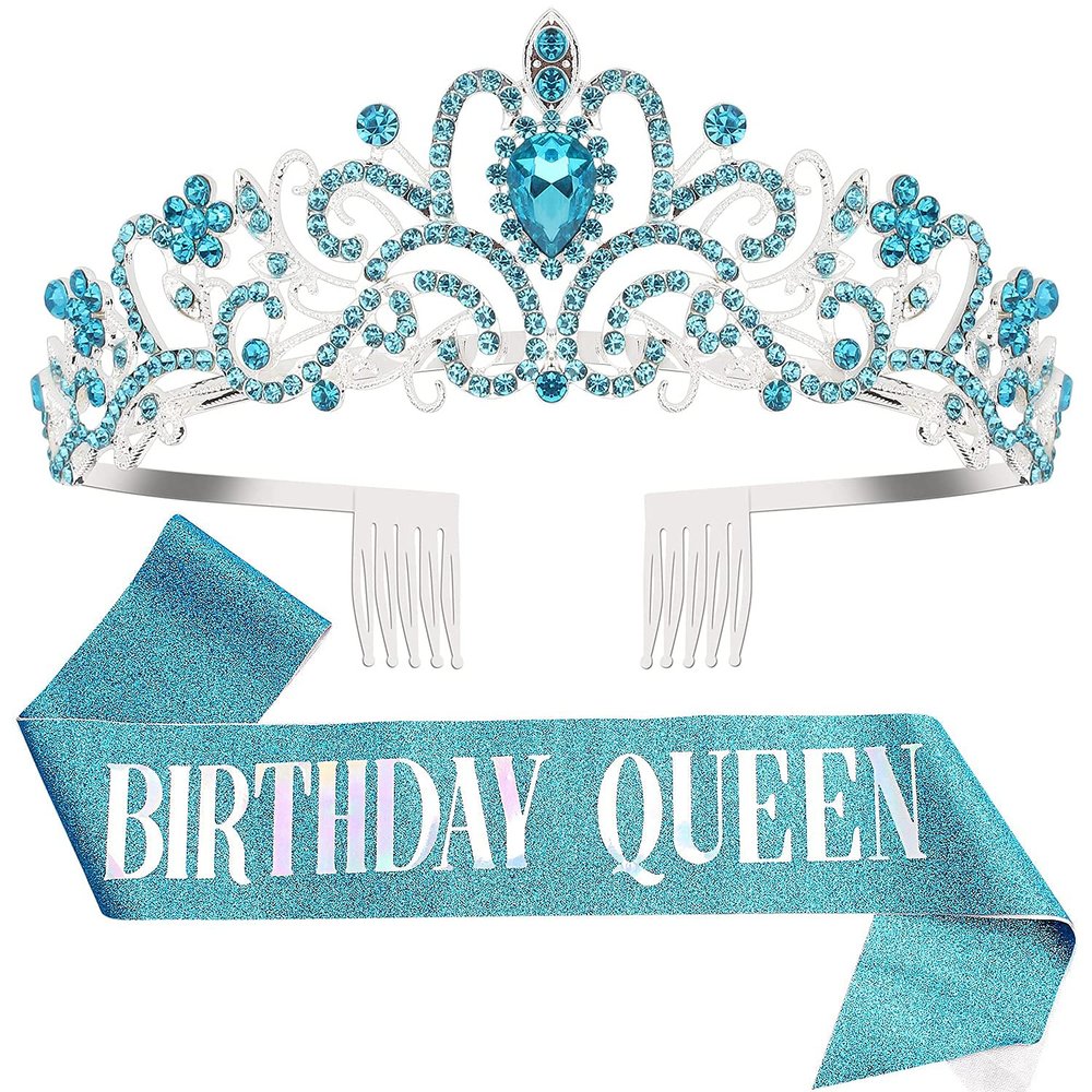"Birthday Queen" Sash & Crystal Tiara Kit COCIDE Birthday Tiaras and Crowns for Women Sashes for Women Blue Decorations Set Rhinestone Headband Hair Accessories Glitter Sash for Party