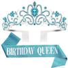 "Birthday Queen" Sash & Crystal Tiara Kit COCIDE Birthday Tiaras and Crowns for Women Sashes for Women Blue Decorations Set Rhinestone Headband Hair Accessories Glitter Sash for Party view 1
