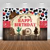 Mocsicka Western Cowboy Happy Birthday Backdrop Rustic Old West Rodeo Cowboy Background Red Bandana and Rustic Wood Kids Birthday Party Decoration Banner (7x5ft (82x60 inch)) view 1
