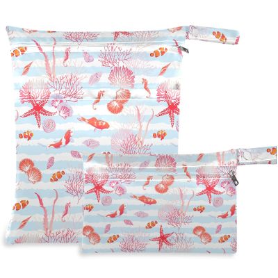 visesunny Coral Fish Starfish Blue Stripe 2Pcs Wet Bag with Zippered Pockets Washable Reusable Roomy for Travel,Beach,Pool,Daycare,Stroller,Diapers,Dirty Gym Clothes, Wet Swimsuits, Toiletries