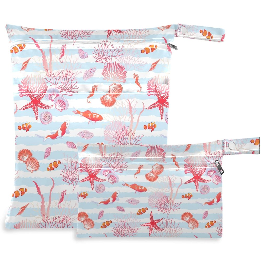 visesunny Coral Fish Starfish Blue Stripe 2Pcs Wet Bag with Zippered Pockets Washable Reusable Roomy for Travel,Beach,Pool,Daycare,Stroller,Diapers,Dirty Gym Clothes, Wet Swimsuits, Toiletries