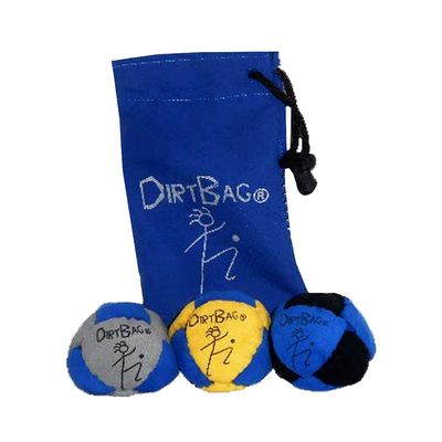 DIRTBAG Classic Footbag 3 Pack with Pouch, Unique, Footbag Set with Signature Carry Bag - Grey/Yellow/Blue with Blue Pouch.