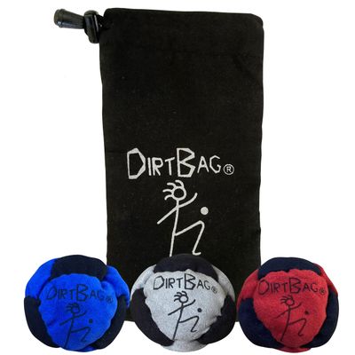 DIRTBAG Classic Footbag 3 Pack with Pouch, Unique, Footbag Set with Signature Carry Bag - Blue/Grey/Red with Black Pouch.