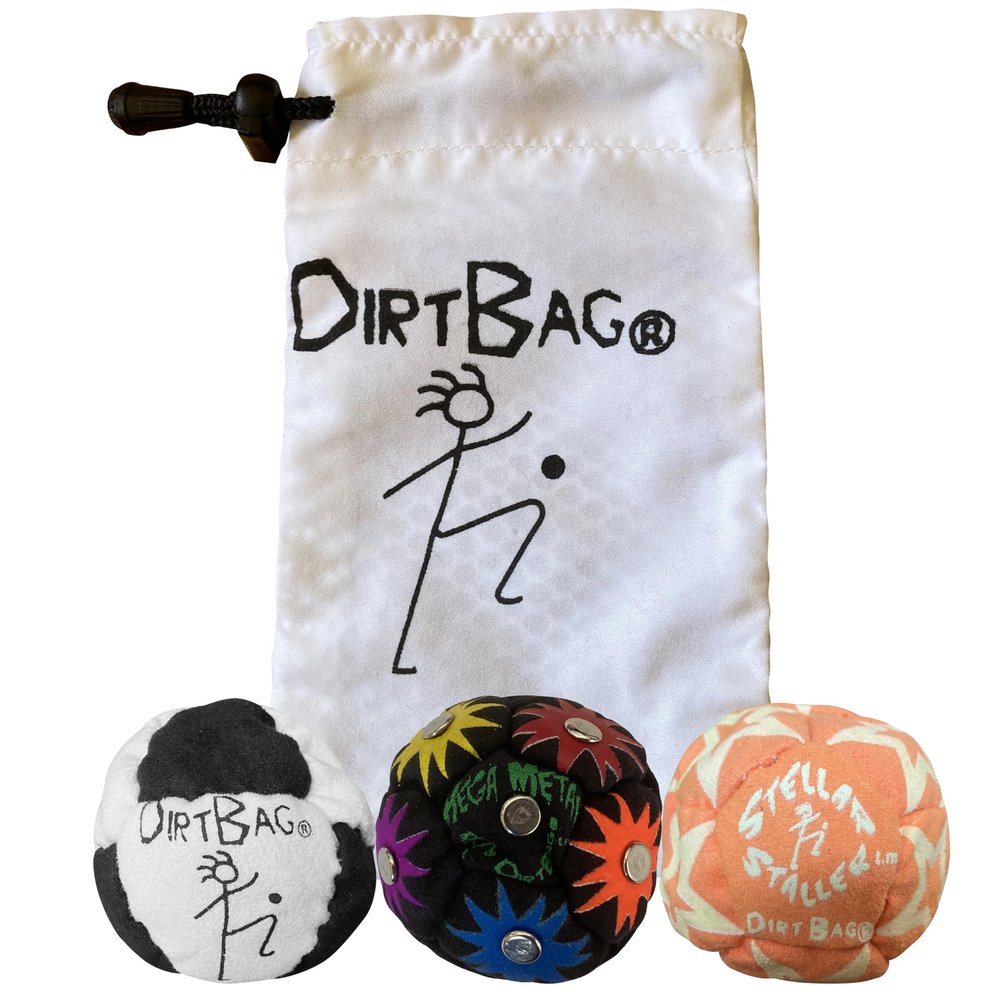 DIRTBAG All Star Footbag 3 Pack with Pouch, 100% Handmade, Premium Quality, Bright Vivid Colors, Signature Carry Bag - Black/White with White Pouch