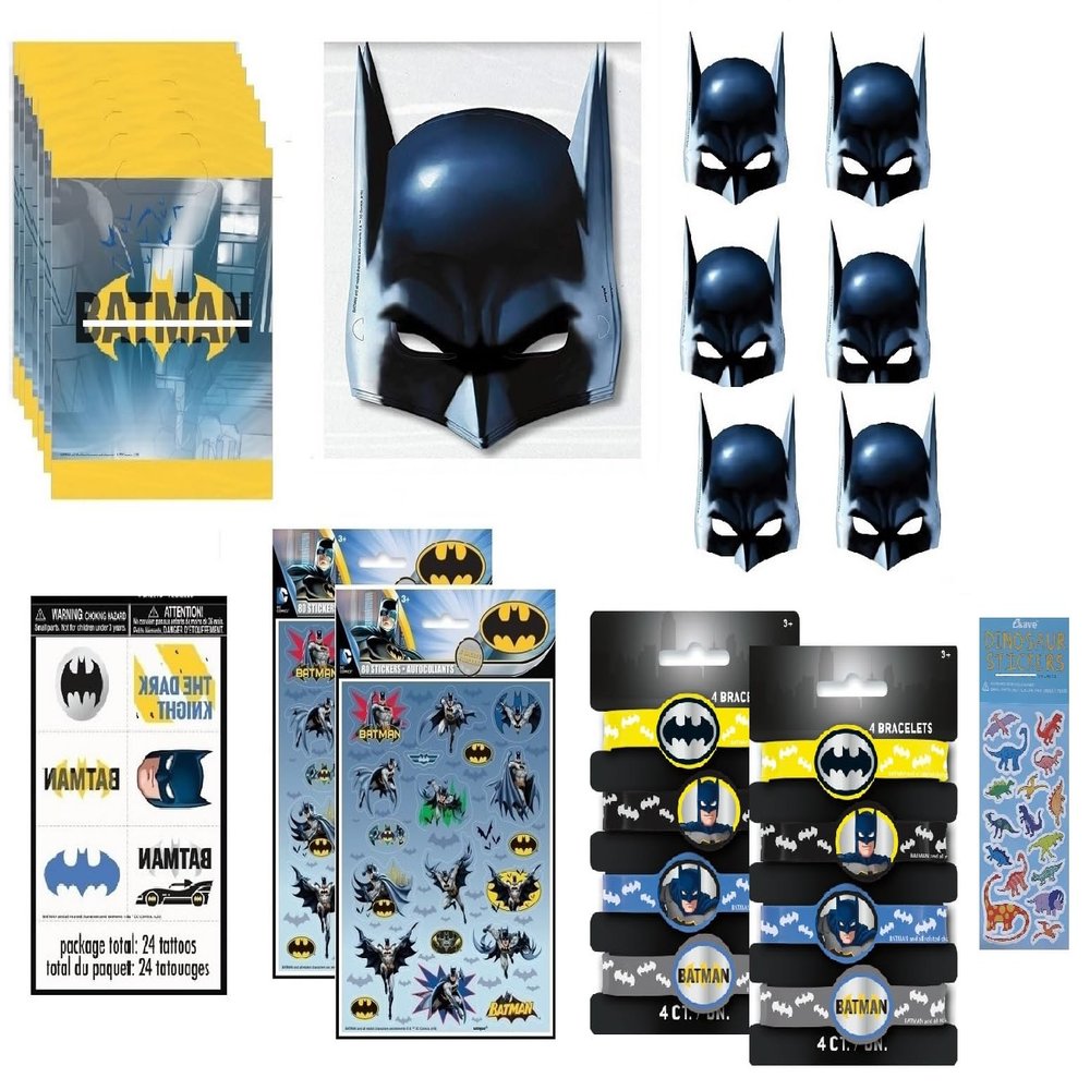 Batman Birthday Party Supplies Favor Bundle Pack includes 8 Loot Bags, 8 Bracelets, 24Tattoos, 8 Stickers Sheets, 8 Party PaperMasks, 1 Dinosaur Sticker Sheet