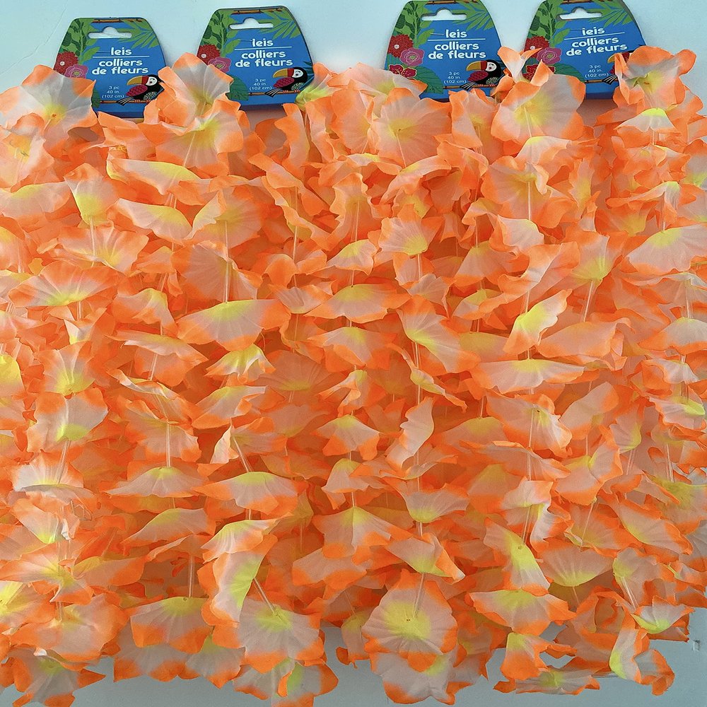 CABE Hawaiian Leis 12pc Party Favors Tropical Necklace Silk Flower Lei bundle with Luau Banner TM for Luau Beach Birthday Party Decorations and Party Supplies