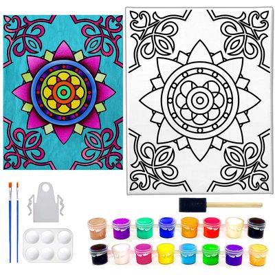 11x14 Mandala Canvas Paint Kit | Abstract Coloring | Pre Drawn Stretched Canvas | Retro Artwork | Adult Sip and Paint Party Favor | Therapeutic Painting