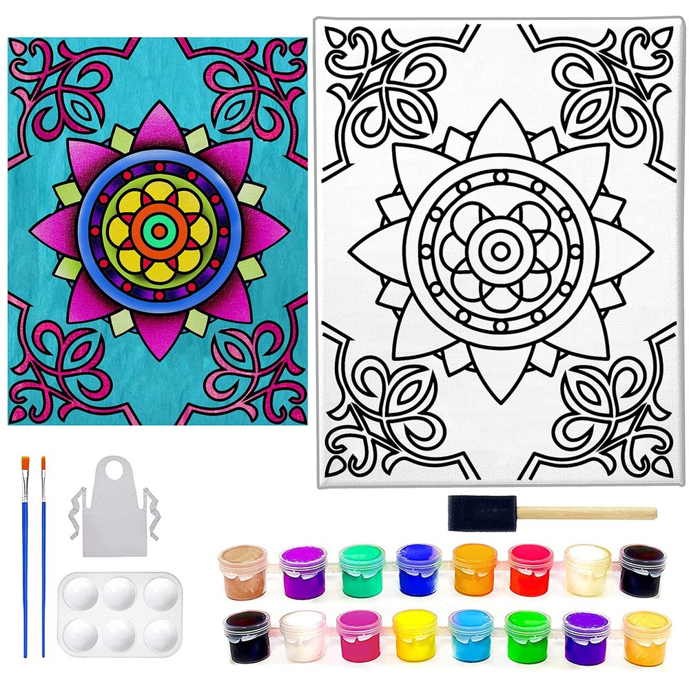 11x14 Mandala Canvas Paint Kit | Abstract Coloring | Pre Drawn Stretched Canvas | Retro Artwork | Adult Sip and Paint Party Favor | Therapeutic Painting