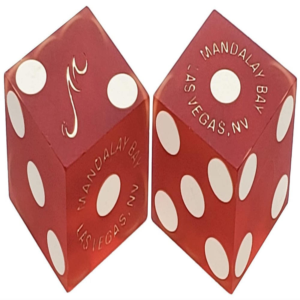 19mm Craps Dice Pair Matching Serial Numbers - Authentic Las Vegas Casino Table-Played Dice (Mandalay Bay (Red Frosted))